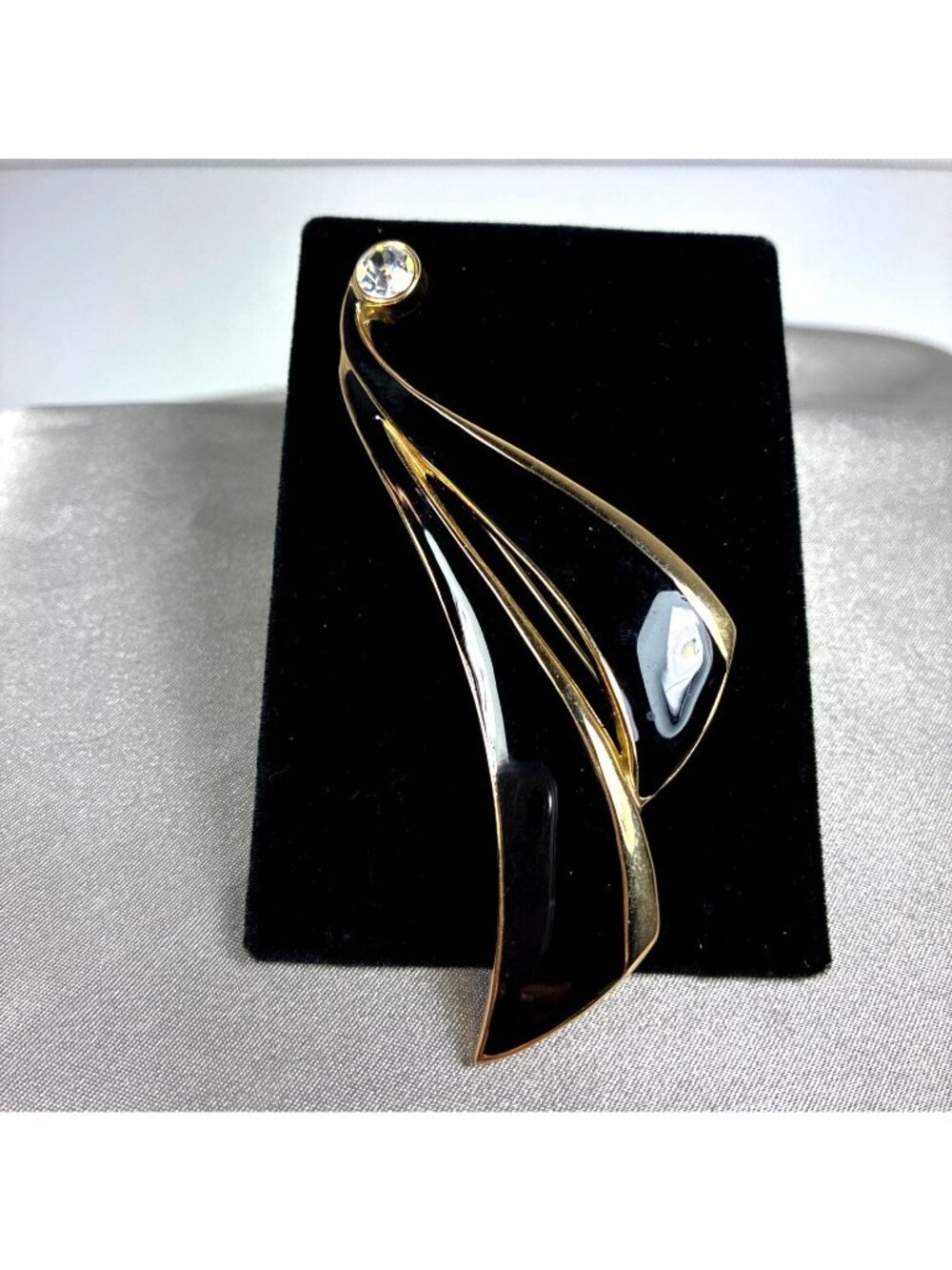 Vintage Modernist Black Enamel Gold Tone Brooch Large Abstract Rhinestone Pin